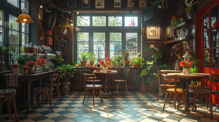 Fototapeta na wymiar Transport yourself to a hyperrealistic coffee shop in France, rendered in stunning 4K resolution and natural lighting. AI generative algorithms ensure lifelike quality.