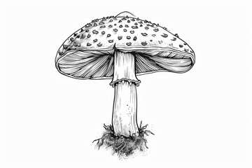 Black and white drawing or illustration of a mushroom. Backdrop with selective focus and copy space
