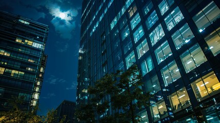 Vertical shot of modern office buildings with big reflective windows under the moonlight