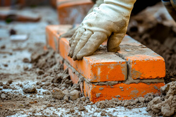 Laying bricks at a construction site. Backdrop with selective focus and copy space for the inscription