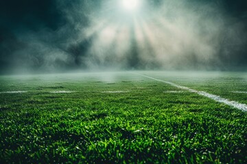 Close-up of soccer field under stadium lights - obrazy, fototapety, plakaty