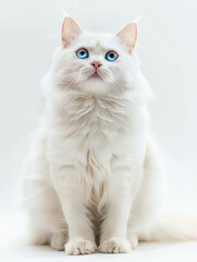 Evoke elegance and grace with this photo of a white-haired cat against a pristine white backdrop. Realistic details enhanced with AI generative technology."