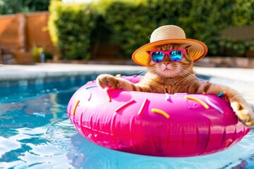 cat sunbathing on the pool float 