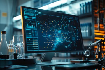 Futuristic computer screen with scientific data - Modern laboratory with advanced computer screen displaying complex scientific data and chemical structures - obrazy, fototapety, plakaty