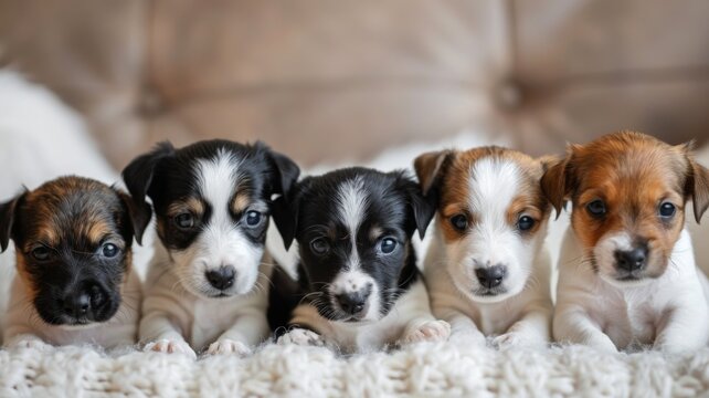 Four cute puppies with one face blurred - Adorable quartet of puppies snuggled together, with a digitally obscured canine face for privacy