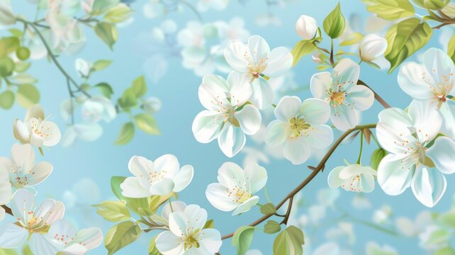 Fresh spring digital painting of blossoms - Refreshing digital artwork capturing springtime with bright, blooming apple blossoms against a vivid blue background