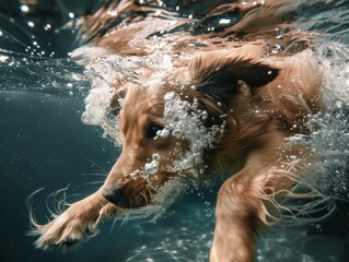 Golden retriever swimming underwater - A dynamic and crisp image capturing the athleticism and joy of a golden retriever swimming underwater with bubbles around