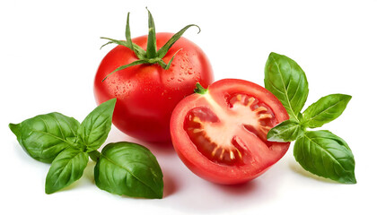 Fresh red tomato with basil leaves isolated on white background