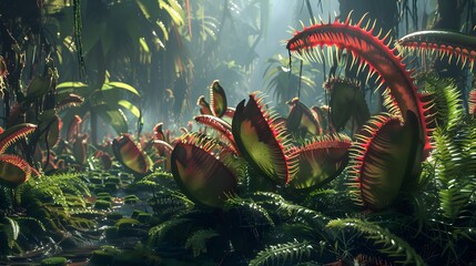 Tropical Flytraps in the forest amidst a vibrant coral reef