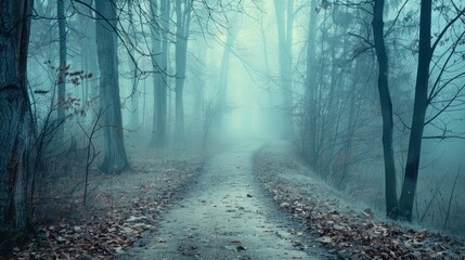 A mysterious pathway winds through a forest shrouded in fog. The trees loom large and ethereal, 