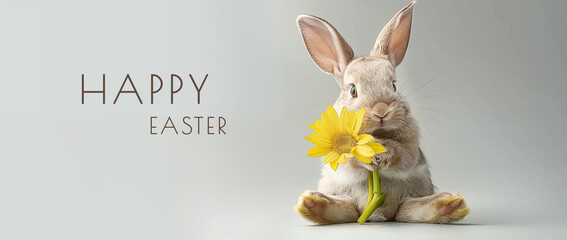 Happy easter banner with cute bunny with yellow flower on a beige gray solid background. The minimal concept. 