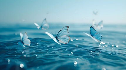 In this tranquil tableau, delicate blue butterflies grace the air, their graceful wings fluttering...