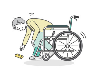 Fototapeta na wymiar 車椅子で拾い物をして転倒しそうになる高齢女性 