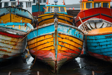 Fototapeta na wymiar Along the tranquil dockside, rustic rowboats, weathered by time, display vibrant colors as they rest tied up, embodying a picturesque charm.