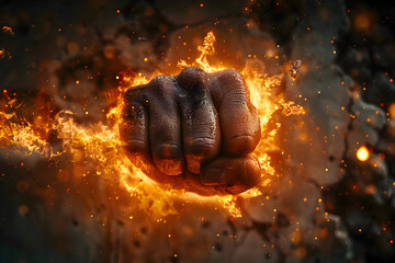 A powerful fist engulfed in intense flames and flying sparks, symbolizing strength and energy.

