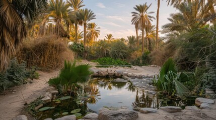 A peaceful oasis in the midst of a vast desert, captured at the magical moment of twilight. 
