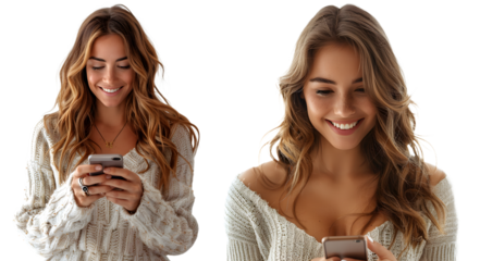 Pretty woman smiling while looking at her cell phone isolated on a transparent PNG background, white background , Generative Ai