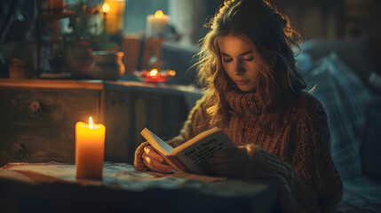 Beautiful woman sits with eyes closed holding a book in candlelit living room at night, enjoying quiet moment. - Powered by Adobe