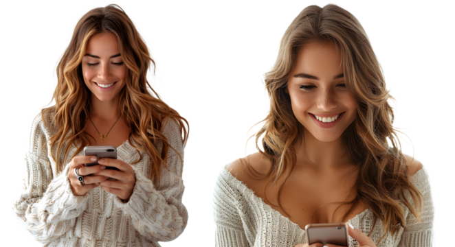 Pretty woman smiling while looking at her cell phone isolated on a transparent PNG background, white background , Generative Ai
