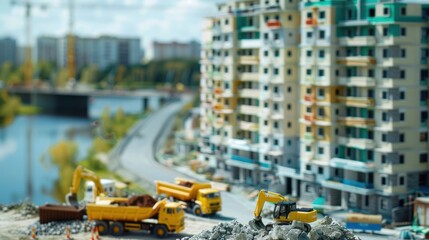 A series of luxury apartments by a river, with mini dump trucks and construction figures, showing