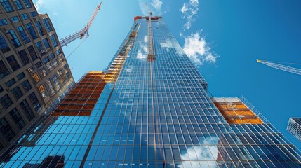 A sleek, glass-walled skyscraper with surrounding miniature cranes and scaffolding, emphasizing  - obrazy, fototapety, plakaty