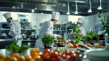 A group of chefs are cooking natural foods in the restaurants kitchen located in the city. The...