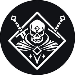 black and white logo skull and sword dungeon master