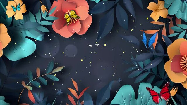 summer sale ad background with paper cut fantasy. flowers and leaves on dark background.  seamless looping overlay 4k virtual video animation background