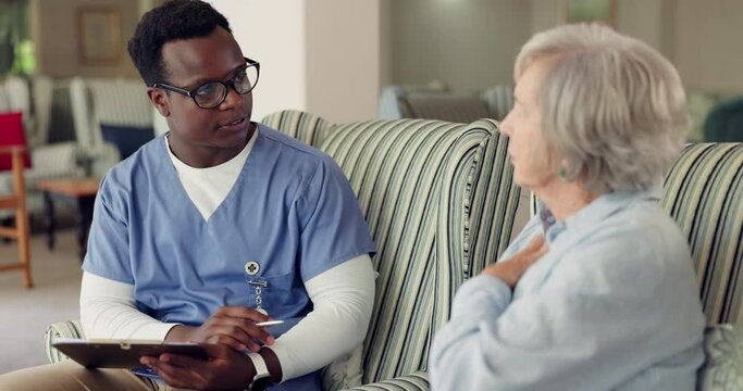 Nurse, patient or tablet in consultation, examination and digital in retirement, medical healthcare. Man, touchscreen or senior woman in assessment, checkup or shoulder pain in nursing home