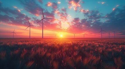 Wind farm field and sunset sky. Wind power. Sustainable, renewable energy. Wind turbines generate electricity. Sustainable development. Green technology for energy sustainability. Eco-friendly energy - obrazy, fototapety, plakaty
