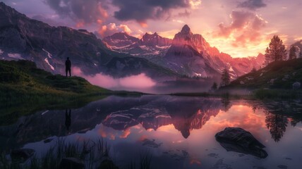 Solitary figure overlooking a misty mountain lake sunset - The tranquil scene shows a figure soaked in the vibrant hues of a mountain lake sunset