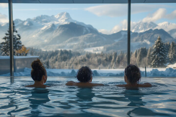 friends having fun in modern thermal baths, tatra mountains in the background - obrazy, fototapety, plakaty