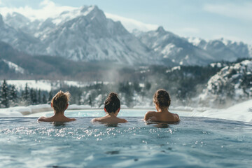 friends having fun in modern thermal baths, tatra mountains in the background