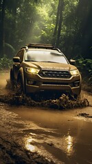 Four wheel drive SUV is driving on muddy road in jungle