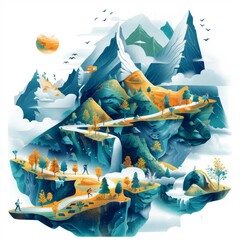 Naklejka premium Stylized cutaway mountain with activities inside - An imaginative landscape depicting cutaway mountains revealing various activities and tranquil nature scenes, inspiring exploration and harmony