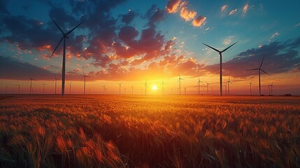 Wind farm field and sunset sky. Wind power. Sustainable, renewable energy. Wind turbines generate electricity. Sustainable development. Green technology for energy sustainability. Eco-friendly energy - obrazy, fototapety, plakaty