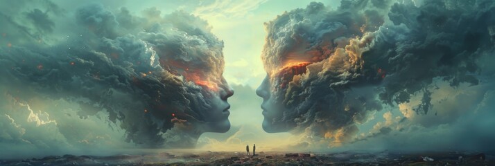 Fototapeta na wymiar Surreal clouds forming faces above apocalyptic land - Ethereal clouds mirroring the shape of human faces above a desolate and stormy wasteland, symbolizing thought