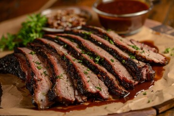 Sliced Smoked Barbecue Brisket with Sauce