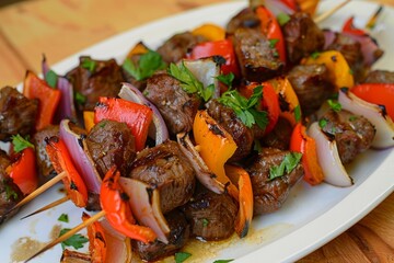 Grilled Beef Kebabs and Vegetables on Plate