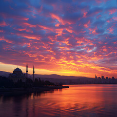 Izmir Twilight: A Captivating Sunset Over the Aegean Sea, Silhouetting the Magnificent Cityscape of Izmir, Turkey