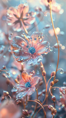 Vibrant petals with droplets in close-up - Close-up of vibrant orange flowers exhibiting intricate details with water droplets, against a soft blue backdrop
