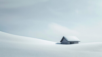 Winter's Quietude. A snow-clad cabin rests in a vast snowy landscape, under a pale winter sky, embodying tranquil solitude.