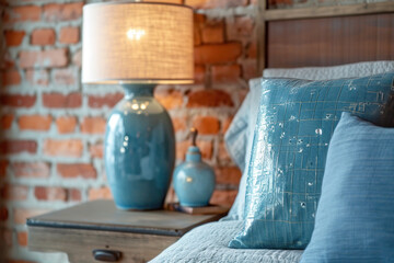 Fototapeta na wymiar Cozy bedroom interior with blue pillows and stylish lamp. Home comfort and design.