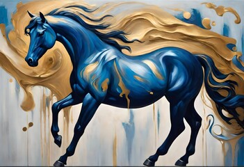 Swirling gold hues meld with deep blues, encapsulating a mysterious horse in an abstract oil masterpiece on canvas