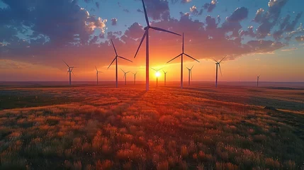 Foto op Canvas Wind farm field and sunset sky. Wind power. Sustainable, renewable energy. Wind turbines generate electricity. Sustainable development. Green technology for energy sustainability. Eco-friendly energy © Jennifer