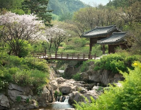 japanese garden with bridge during spring
