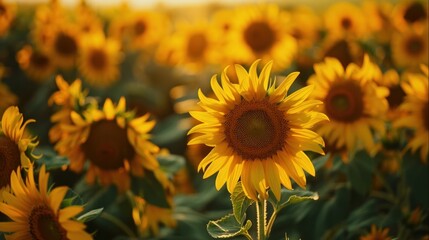A closeup shot of blooming sunflowers field in the countryside