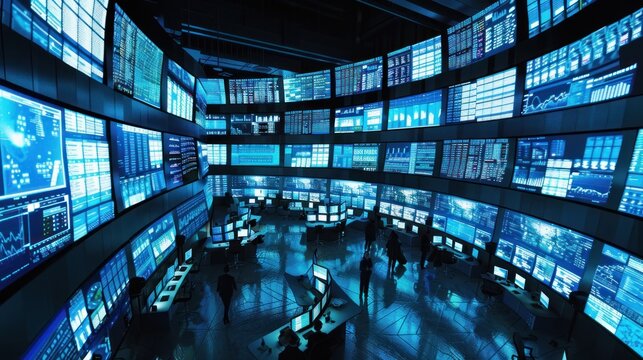 A vast room illuminated by screens displaying real-time global market data. Traders move