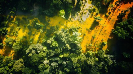 Fototapeta na wymiar From a bird's eye view, it is a lush forest with luxuriant trees. Forest Image