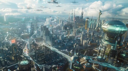 An aerial view of a futuristic city pulsating with digital connections and global trade.